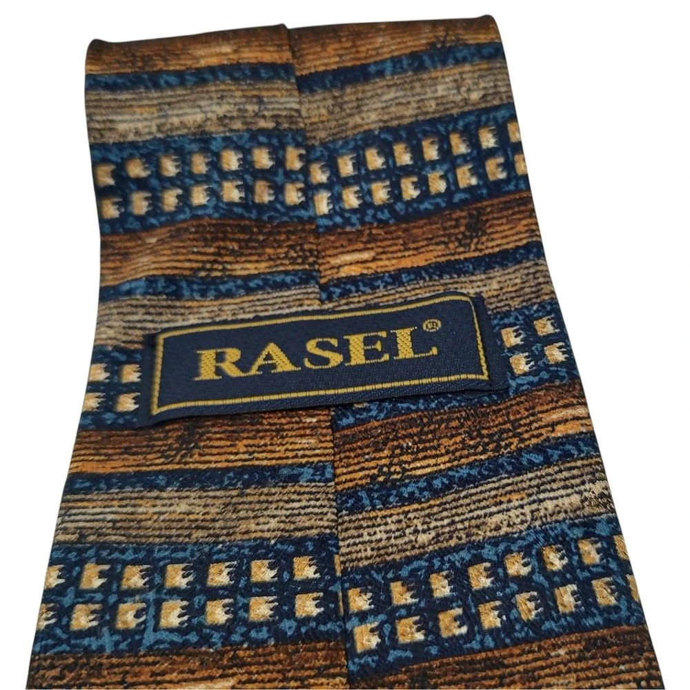 Rasel‎ Silk Tie Brown Blue Gold Geometric Pattern Mens Necktie Made In Turkey